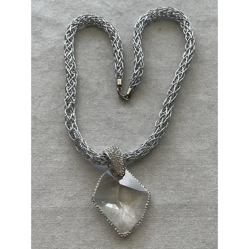 925 Sterling Silver Large Crystal Pendant On Woven Chain Necklace Signed W